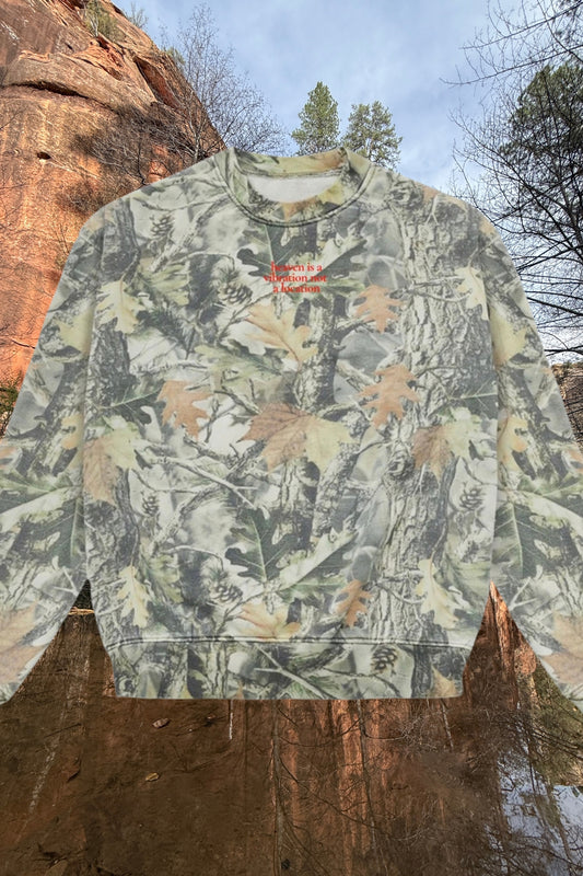 Heaven Is A Location Vintage Wood Camo Crewneck